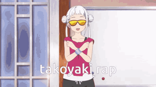 a girl wearing sunglasses says takoyaki rap in front of a white board