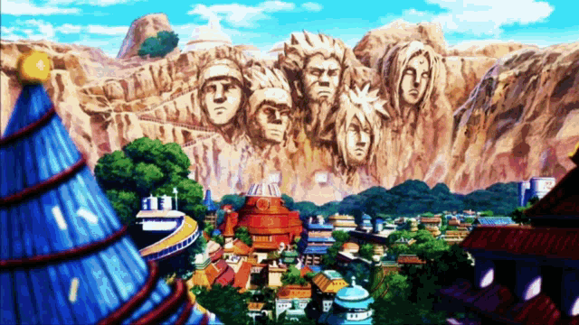 a painting of a city with a mountain in the background and a statue of four faces
