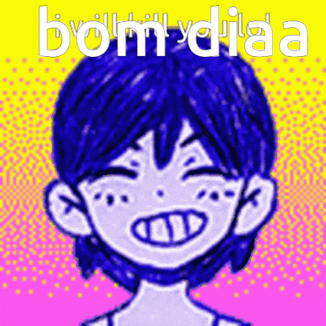 a drawing of a boy with blue hair and the words bom diaa written above him