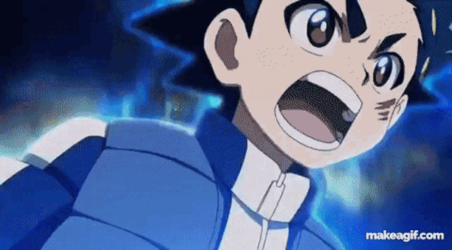 a close up of a cartoon character with his mouth open and a blue background .