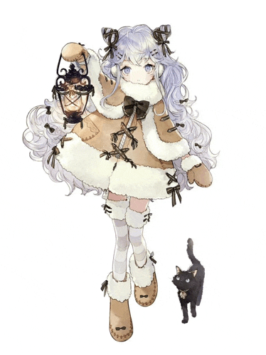 a girl holding a lantern and a black cat