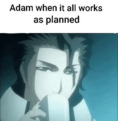 a man is eating an ice cream cone with the words adam when it all works as planned above him .