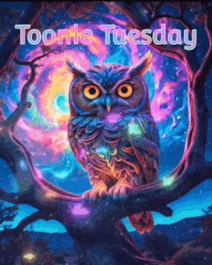a colorful owl sits on a tree branch with the words toonie tuesday written below it