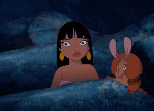 a cartoon of a woman and a small animal looking at something