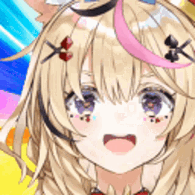 a close up of a blonde anime girl with purple eyes and a hat on her head .