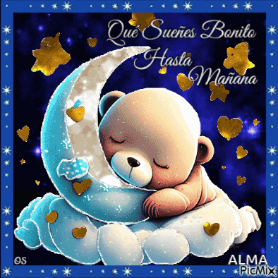 a teddy bear is sleeping on a cloud with the words que suenos bonito hasta manana