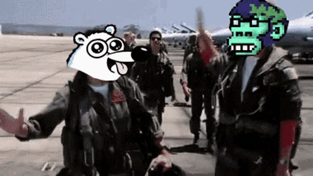 a group of men in military uniforms are standing on a runway with a cartoon character on their head