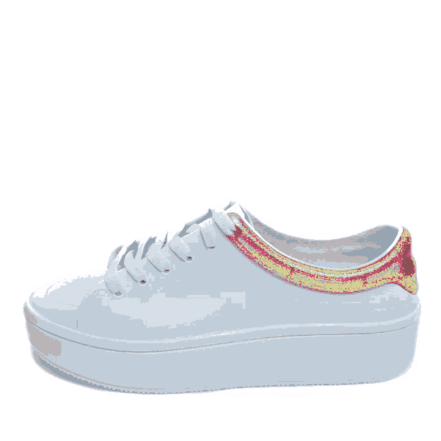 a black shoe with a white stripe on the side is against a white background