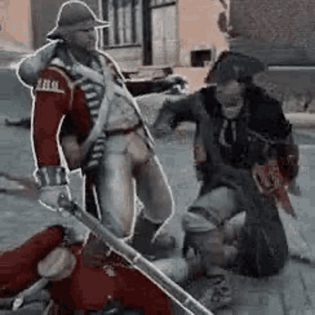 a group of soldiers are standing on a brick sidewalk holding guns .