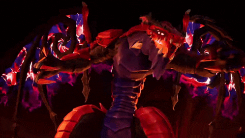 a purple dragon with red wings is standing in the dark with a purple background .