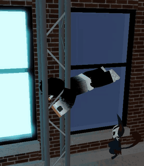 a cartoon character is hanging upside down on a pole