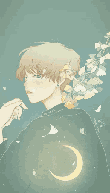 a drawing of a boy with a crescent moon and the name maoi on the sleeve