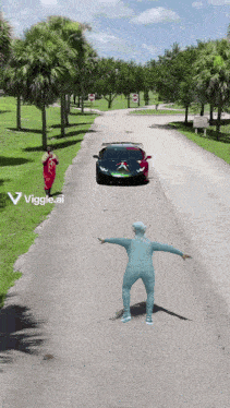 a car is driving down a road with a sign that says viggle.ai on it