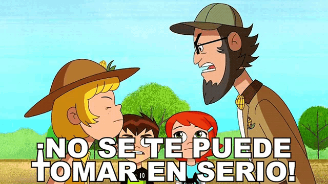 a cartoon of a man and three children with the words no se te puede tomar en serio written below them