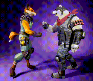 a fox and a polar bear are standing next to each other on a purple background