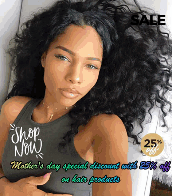 a woman with curly hair is advertising a special discount for mother 's day