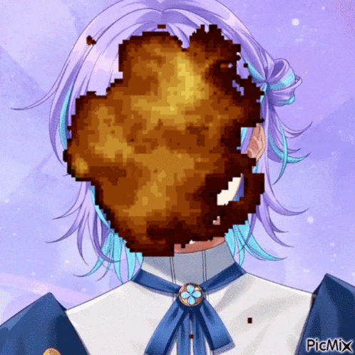 a pixel art drawing of a girl with purple hair and blue eyes