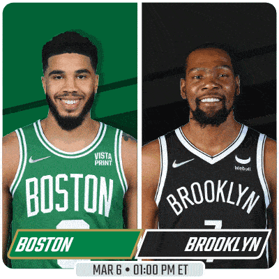two basketball players from boston and brooklyn are on a green background