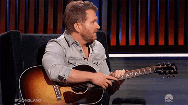 a man sits in a chair playing an acoustic guitar with the name manally on it