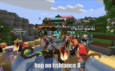 a screenshot of a minecraft game with the words hop on fishtance 8 at the bottom