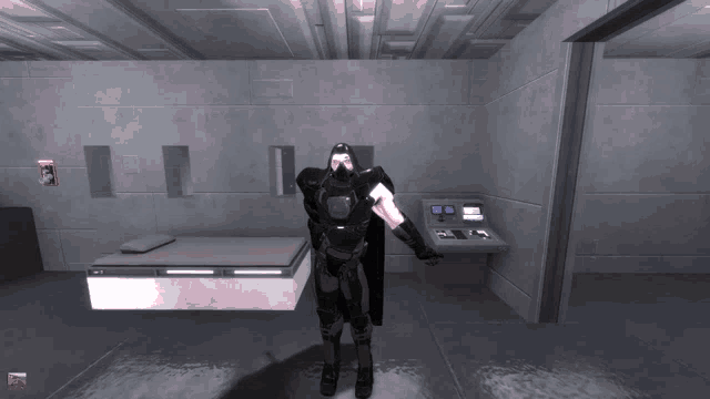 a video game character is standing in front of a bed