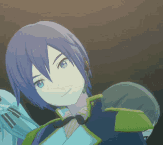 a cartoon character with purple hair and blue eyes is smiling