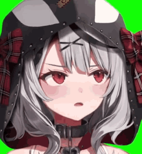 a close up of a anime girl wearing a helmet and a plaid hat on a green screen .