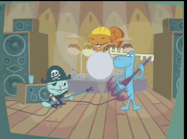 a cartoon of a moose playing drums and another moose playing guitar