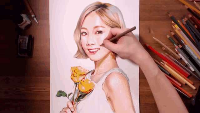 a drawing of a woman holding a bunch of yellow roses