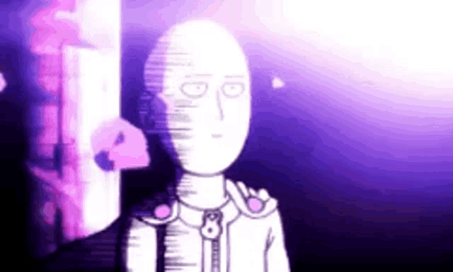 a cartoon character with a purple background is standing in front of a purple wall .