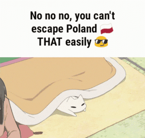a cartoon of a girl laying under a blanket that says no no no you can 't escape poland