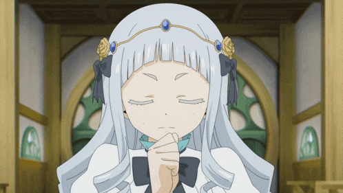 a girl with white hair and a tiara on her head is praying