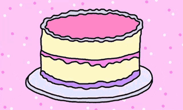 a cartoon drawing of a cake with pink and purple frosting on a pink background