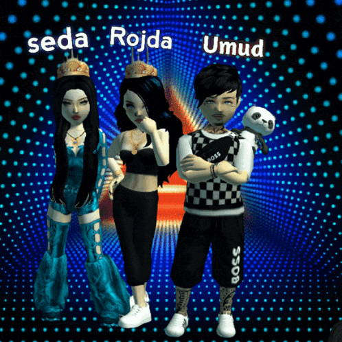 seda rojda and umut are standing next to each other in a video game