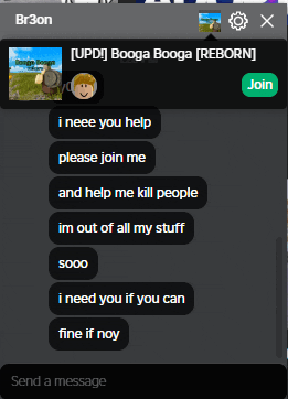 a screenshot of a chat between br3on and booga booga [ reborn ]