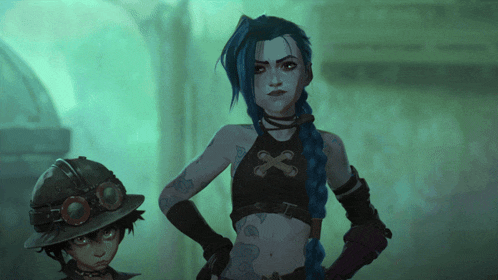 a girl with blue hair is standing next to a boy wearing a hard hat and goggles