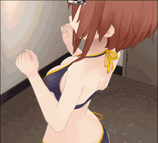 a girl in a bikini is standing in a room