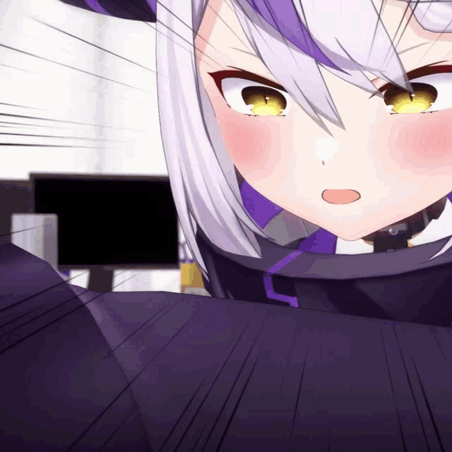 a close up of a cartoon character with white hair and purple clothes