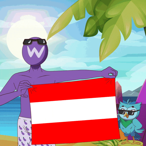 a cartoon character holding a red and white flag