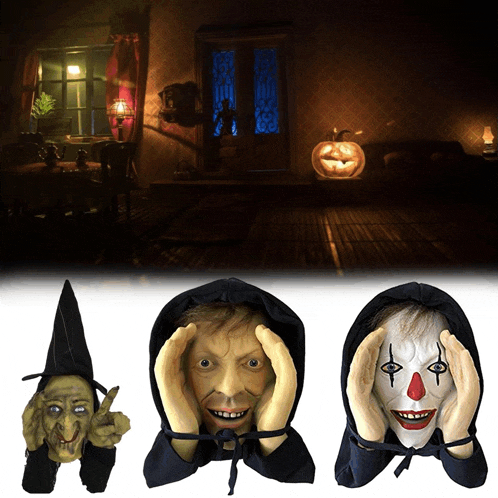 a witch a clown and a man in a hood are displayed in front of a dark room