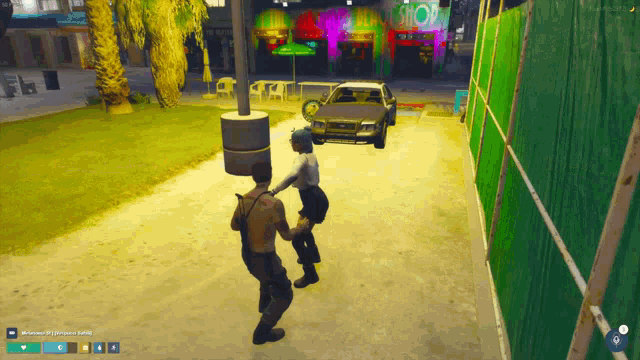 a screenshot of a video game shows a man and a woman holding hands