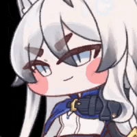 a close up of a cartoon character with long white hair .