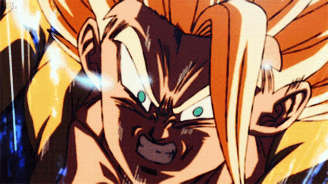 a close up of a cartoon character 's face with a blue eye and a yellow hair