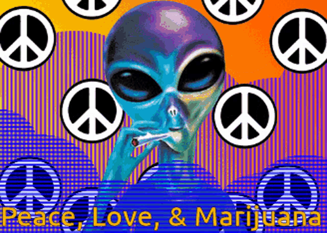 a painting of an alien smoking a cigarette with peace signs around him