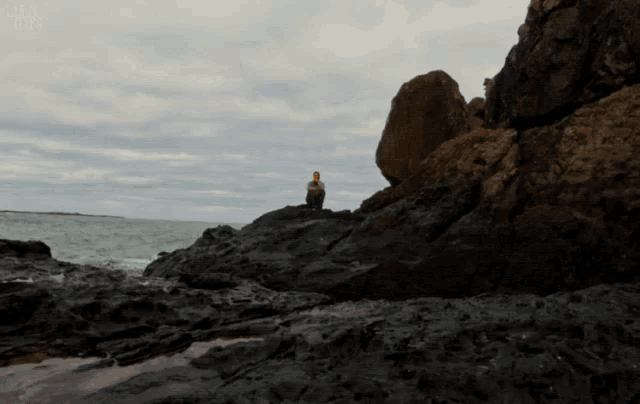 a man sits on a rock near the ocean with a gray sky in the background