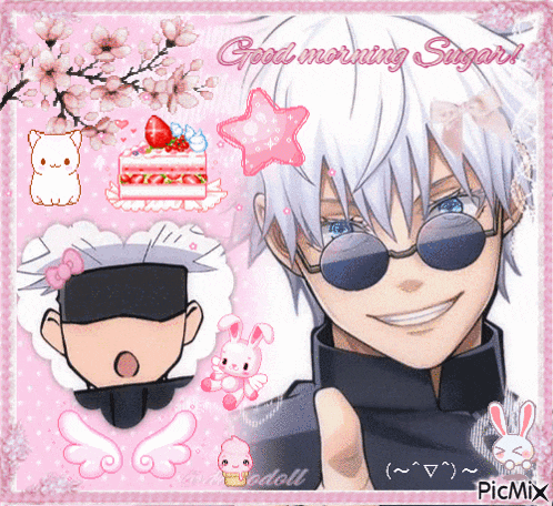 a picture of a boy with sunglasses and the words good morning sugar on the bottom