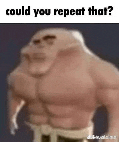 a very muscular man is standing in front of a blue background and asking could you repeat that .