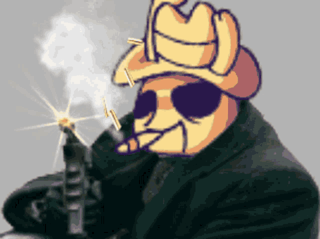 a cartoon character wearing a cowboy hat and sunglasses is smoking a cigarette and holding a gun