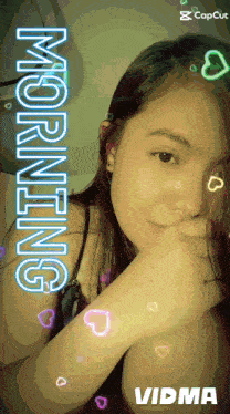 a picture of a girl with the words morning written on it