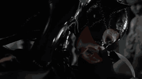 a woman in a catwoman costume is kissing a man in a batman costume .